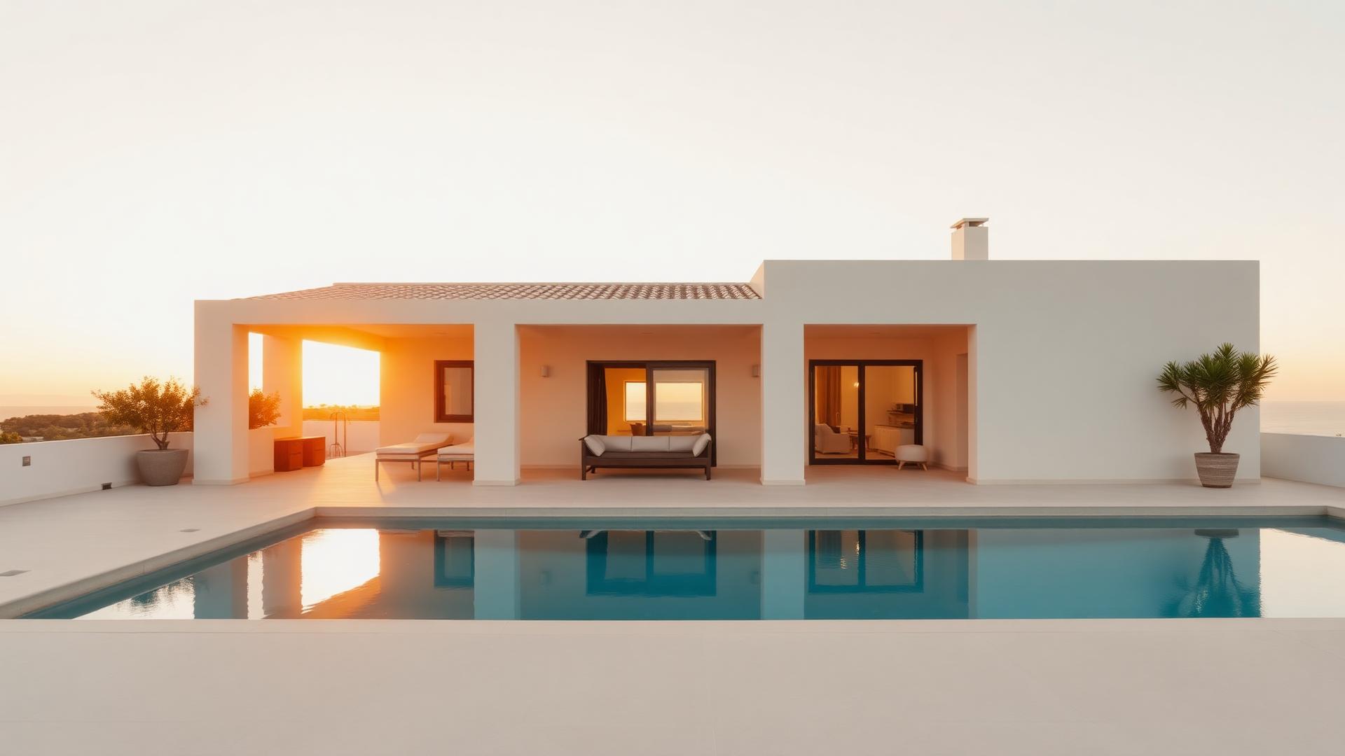 Vakantiewoning met zwembad bij zonsondergang
